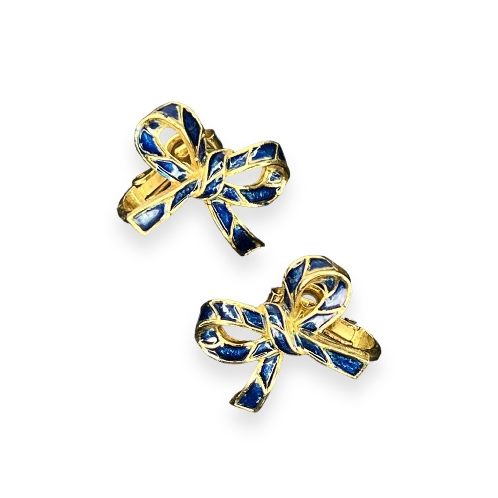 Trifari Blue Enamel and Gold Clip-on Earrings Vintage Bow Ribbon